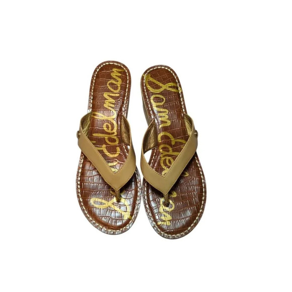 Sam Edelman Wedge Sandals Womens Size 8.5 M Romy Patent Leather Tan Flip Flop - Picture 2 of 12